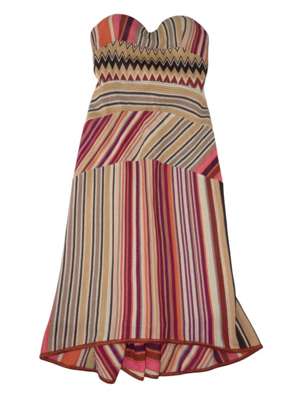 Missoni Orange Label Strapless Chevron Striped Knit Midi Dress Orange Tan